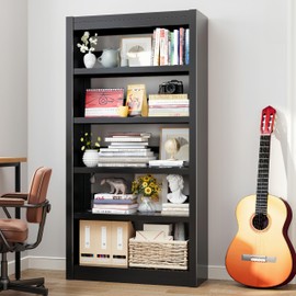YILFANA 61" Metal Bookshelf and Bookcase | 5-Tier Adjustable Shelves, Deep Modern Storage Shelf for Living Room, Office, Bedroom (Black)