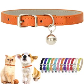 Orange XS Dog Collar with Bell Leather Puppy Collar with Bell Adjustable Buckle Kitten Cat Collars for XXSmall XSmall Tiny Little Extra Small Breed Pets Boys Girls Like Chihuahua, X-Small
