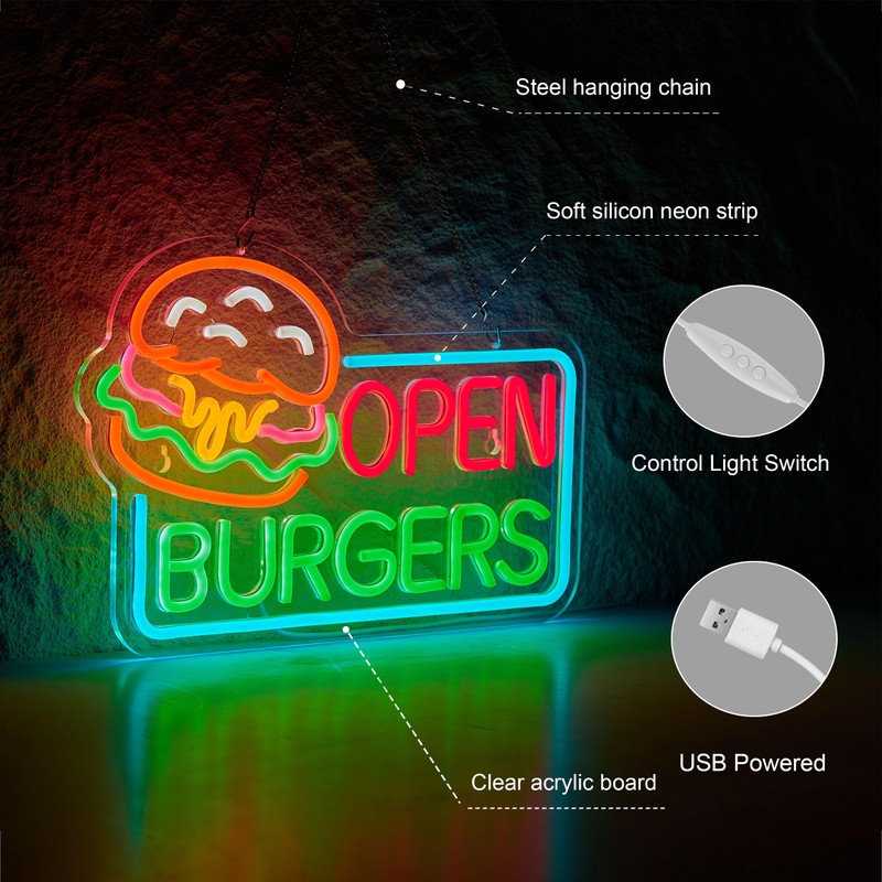 Burgers Open Neon Sign for Wall Décor Dimmable Business Hamburger