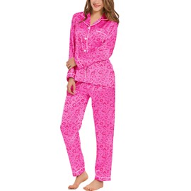 SWOMOG Womens Silk Satin Pajamas Loungewear Two-piece Sleepwear Button-Down Pj Set Hot Pink Leopard Medium