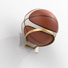 Ball Holder Wall Mount for Basketball, Soccer, Football & Volleyball, Wall-Mounted Ball Display Stand with Clear Acrylic Base & Gold Metal Ring, Sports Ball Storage for Boys Room, Garage, Gym, 3-Pack