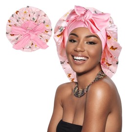 Flouzor Gorros De Satén para Dormir, Gorro de Seda Ajustable, Doble Capa Gorro para Dormir Suave de Satén, Gorros de Dormir De Seda con Banda Ancha para Mujeres y Niñas (Rosa)