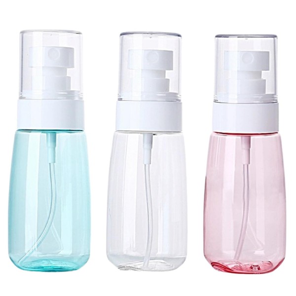 Botellas de espray de 60 ml, botella de viaje de plástico vacía de niebla fina, 3 unidades, transparente, rosa y azul.