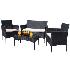 Greesum Patio Furniture 4 Pieces Conversation Sets Outdoor Wicker Rattan Chairs Garden Backyard Balcony Porch Poolside loveseat with Cushion and Glass Table, Black and Beige