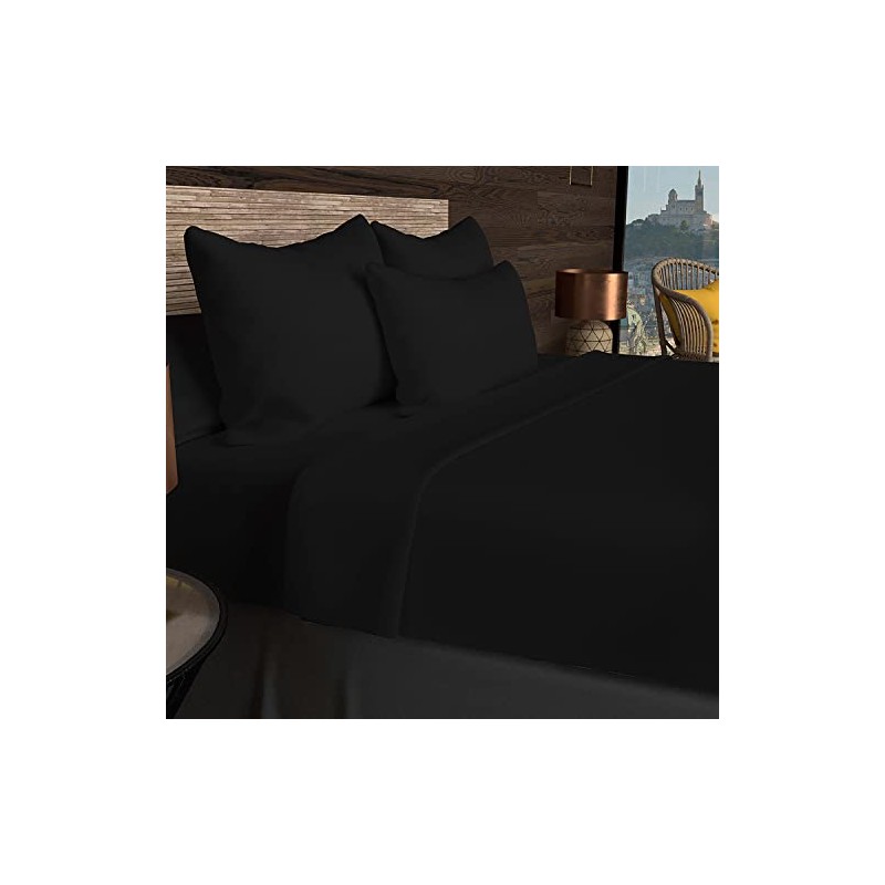 Soleil d'ocre, Flat Sheet, Cotton, 57 Threads, Black, 180 x