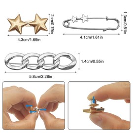 Pant Waist Tightener Kit, 8 Set Star Pant Pins Waist Tighten + 2 Set Detachable Button Pins, No Sewing, with 2 Set Pins, Adjustable Waist Tightener for Pants, Waist Cinch Clip for Women Jeans Clothing