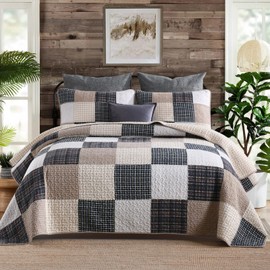 SahSahCasa Quilt King Size, King Quilt Set, 100% Cotton King Quilt Bedding Set Bedspread, Patchwork Farmhouse Quilt, Plaid Lightweight Rustic Quilts Comforter for King Bed, Beige, for All Season