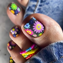 24Pcs Summer Flowers Press on Toenails Short Square Black Fake Toenails Colorful Floral Pattern False Toenails Cute Daisy Toe Nails Press ons Matte Beach Flower Full Cover Acrylic Toe Nails for Women