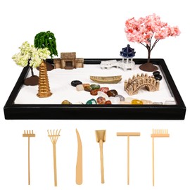 Yoquare Mini Zen Garden, White Sand, 10" x 7" Rectangular Plastic Tray with Meditation Accessories