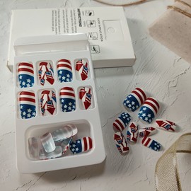 Independence Day Press on Nails Short Round Patriotic Fake Nails American Flag Artificial Nails Stars Stripes Acrylic Nails 4th of July False Nails with Design for Women Girls Foweso Nails