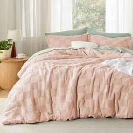 Bedsure King Size Comforter Set Dusty Rose, Boho Tufted Bed Set, Checkered Farmhouse Shabby Chic Bedding, 3 Pieces, 1 Plaid Geometric Comforter and 2 Pillow Shams