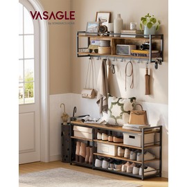 VASAGLE Hall Tree with Shoe Bench, Coat Rack Shoe Bench Set, Entryway Furniture, Multifunctional, 12 Metal Hooks, 4-Tier Shoe Rack, for Entryway, Bedroom, Rustic Brown ULSB109K01