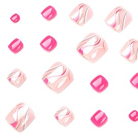 Caiguoer 24 Pieces Rose Shape Fake Toenails Square French Fake Toenails Wave Lines Press On Toenails for Women and Girls