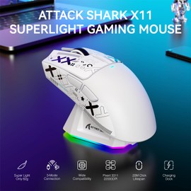 ATTACK SHARK X11 Lightweight Wireless Gaming Mouse with RGB Charging Dock,Tri-Mode-2.4G/USB-C Wired/BT,22K DPI,PAW3311 Optical Sensor,HUYU Switch, 5 programmable Buttons for PC/Mac(White&Sticker)