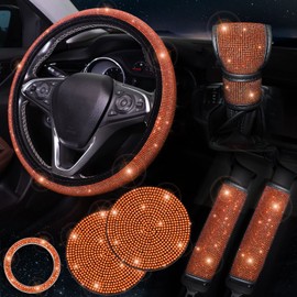 ToBeQueen 7-Pack Bling Car Accessories Set - Orange Steering Wheel Cover (15 inch), Crystal Rhinestone Diamond Seat Belt Cushion, Shift Knob Cover, Push to Start Ring, Cup Coaster