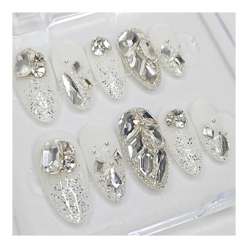 Wedding White Full Stone Handmade Nail Tips - Long Coffin