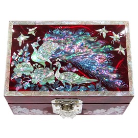 MADDesign Mother of Pearl Jewelry Watch Box Ring Organizer Hand Made Sea Shell Inlay Peacock Red