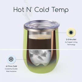 Maars Bev Stainless Steel Stemless Wine Glass Tumbler with Lid, Vacuum Insulated 12 oz Cup | Spill Proof, Travel Friendly, Fun Cocktail Drinkware - 2 Pack Matcha Green