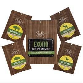 Jerky.com's Classic Exotic Jerky Sampler Pack - Bulk Pack with 4 Types of Jerky (Venison, Buffalo, Wild Boar and Elk) - High Protein Snack, All-Natural, Keto Diet, No Added Preservatives (7 oz.)