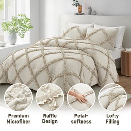 Comforter Set King Size Bedding – 3 Piece Farmhouse Bedding Set Cover Ruffle & Lightweight Comforter and Pillow Case Vintage Bedding for Bedroom as Home Bed Set Boho Chic Comforter for Luxury Comfort