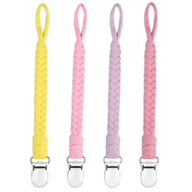4 Pcs Pacifier Clip, Pacifier Clips for Boys & Baby Girls Pacifier Holder Clip Binky Clips Braided 100% Handmade Fits All Pacifiers(Yellow, 4 Pack)