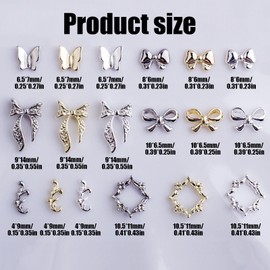 Gold Silver Nail Charms, Pack of 54 Bow Butterfly Flowers Nails Gemstones Metal Nail Jewellery 3D Alloy Nail Stones for DIY Women's Nail Design Accessories