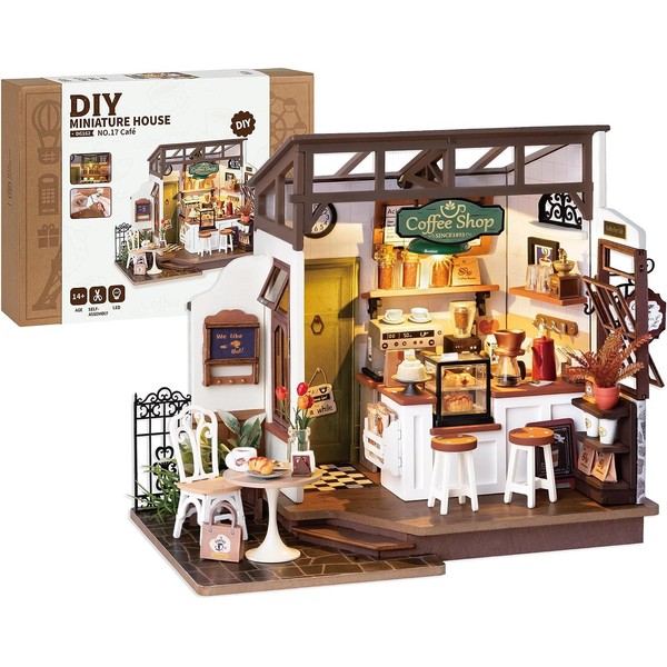 ROBOTIME DIY Wooden Dollhouse Set with Miniature Furniture, Model Building Set with Accessories and LED, Model Kit for Adult and Children, Holiday Birthday (NO.17 Coffee)