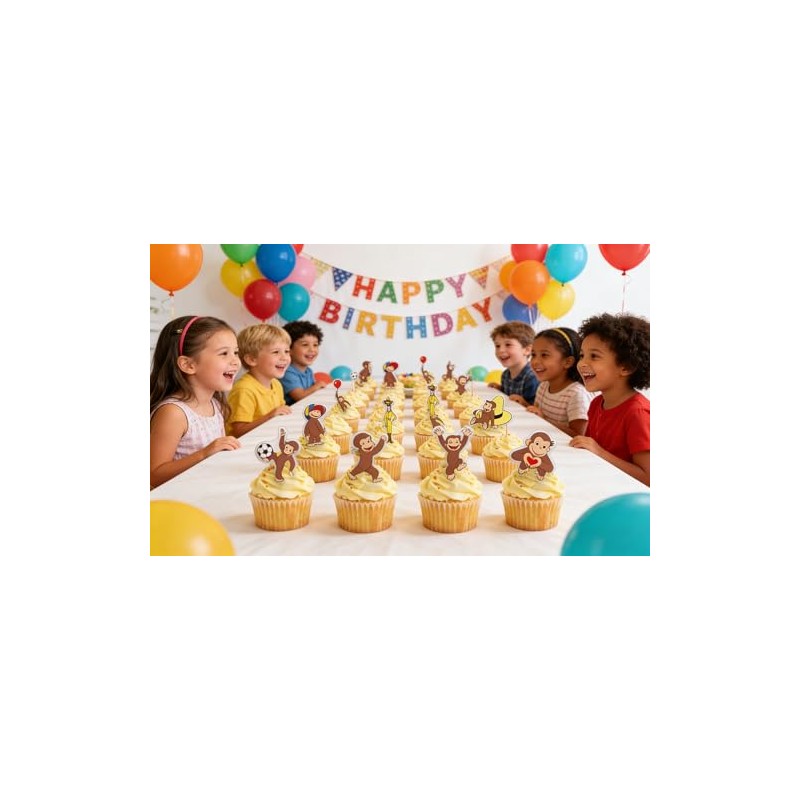 24PCS Curious Monkey Cupcake Toppers, Cartoon Party Decorations, Theme Celebrations