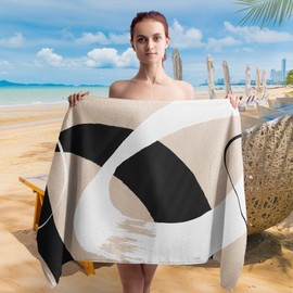 WAITPI Abstract Neutral Beach Towel, Minimalist Neutral Lined Beach Towels Oversized Gifts for Women Girls, Modern Abstract Quick Dry Travel Sand Free Towel Decor for Bathroom Swimming Pool 30x60in
