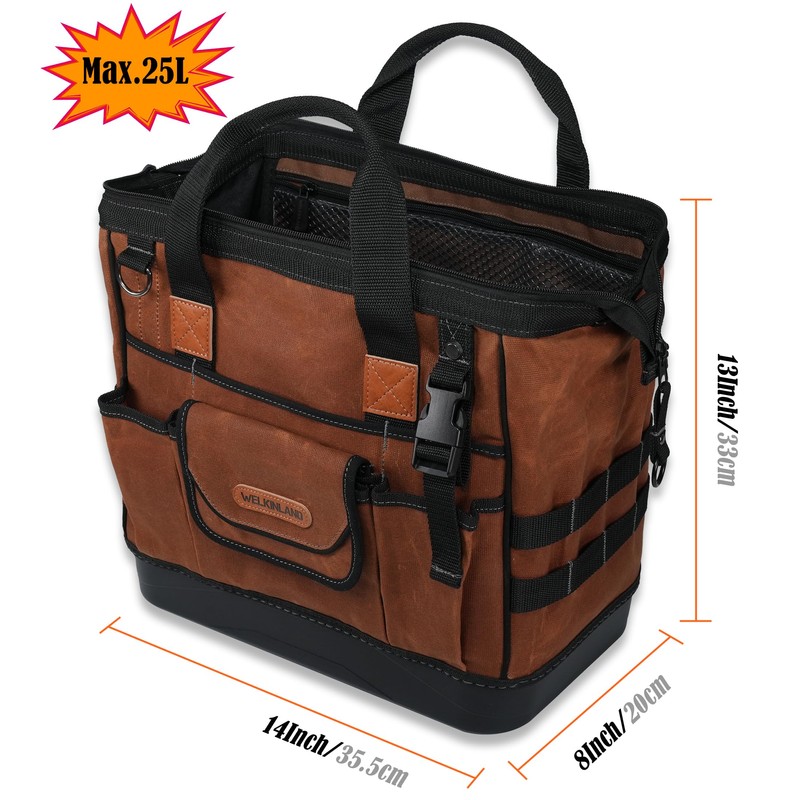 WELKINLAND 22-Pockets Hard Bottom Tool Bag, 14-Inch Waxed Canvas Tools