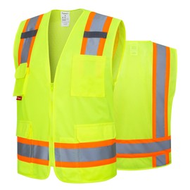 ProtectX High Visibility Reflective Safety Vest for Men Women Hi Vis Work Construction Vest with Pockets Class 2 Zipper Front Meets ANSI Standards, Green, Medium