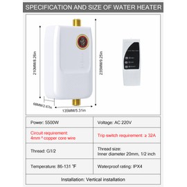5500W Tankless Water Heater Electric 220V Inline Instant Hot Water Heater Under Sink, On Demand,Small, Mini, Portable Water Heate with Controller for Kitchen Bathroom Shower
