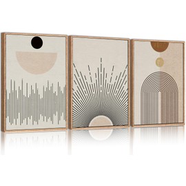 LHIUEM Large Abstract Boho Line Framed Canvas Wall Art Set,Modern Geometric Sun Wall Decor,Mid-Century Neutral Artwork for Living Room,Bedroom,Dining Room,Office -16"x24"x3