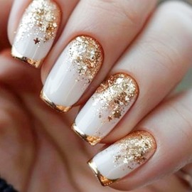 Fall Press on Nails Gold French Tip Fake Nails Square Medium Nail Press ons Glossy Acrylic with Glitter Sequins Designs Autumn Stick on Nails Full Cover Glue on Nails for Girls 24Pcs