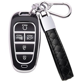 Kespevn for Hyundai Key Fob Cover 5 Button Soft TPU with Leather Keychain 360 Degree Protection Car Key Case Shell Holder Fits for 2023 2022 2021 2020 Hyundai Sonata Santa fe Tucson, B Black