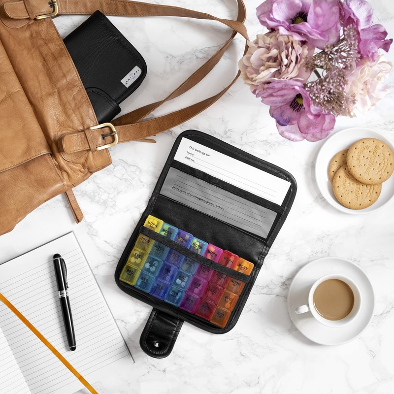 Tabtime Black Pill/Tablet Wallet, Weekly 7 Day Pill Box Organiser