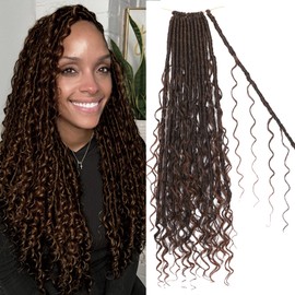 Brown Goddess Locs Crochet Hair 18 Inch Pre Looped Braiding Hair 84 Strands Bohemian Faux Locs Boho Braids River Locs Dreadlocs Hair for Black Women