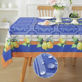SASTYBALE Lemon Tablecloths 60 x 120 Inch Rectangle Summer Table Cloths, Spill-Proof Stain Resistant Decorative Blue Polyester Fabric Table Cover for Holiday Indoor and Outdoor