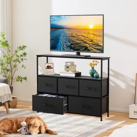 TV Stand with 5 Fabric Drawers, Entertainment Center for 45 Inch TV Storage Organizer with Open Shelf, Wooden Media Console Table for Living Room, Bedroom, or Office, Small Space