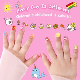 Kids Stick on Nails - 120PCS Kawaii Kids Nails False - Fake nails for kids - Cartoon Press on with Stickers - 12-Size Short Square Nail Tips with Sheep,Kitty,Flowers,Food Design