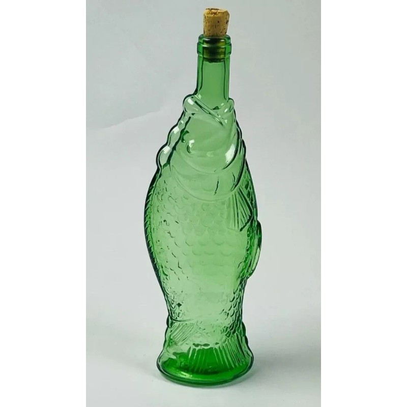 Vintage Decanter Fish Shaped Glass 13" Green Italian Wine Bottle