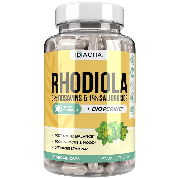 Natural Rhodiola Rosea Supplement – 120 CAPS 500mg, 3% Rosavins 1% Salidroside, Full 4-Month Supply, Bioperine Enhanced Absorbtion, Mood, Focus, and Brain Booster, Clarity & Stress Support