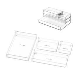 EXPUTRAN Clear Acrylic Desk Organizer for Office or Home Desk Drawer Dividers, Makeup Vanity Storage Bins, Stackable 5-Pack, Accessory Acrylic Tray/Half Accessory Tray/Small Tray