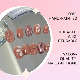 100% Hand-painted Cute Coral Flower Y2K Korean Japanese Douyin Inspired 3D Short Gemstones Durable Reusable Gel Acrylic Press-on Nails 10 pc set (M)