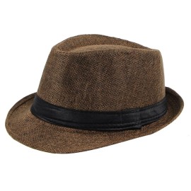 Men Women Brown Fedora Hat, Straw Trilby Cuban Sun Cap Panama Short Brim Floral