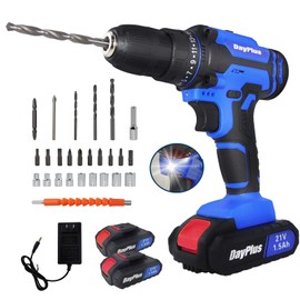 Cordless Power Drill Set, 21V Electric Drill with 2 Battery & Fast Charger, 3/8” Keyless Chuck, 2 Variable Speed, 25+1 Torque Setting Power Tools Kit and 26pcs Drill/Driver Bits, Built-in LED Light