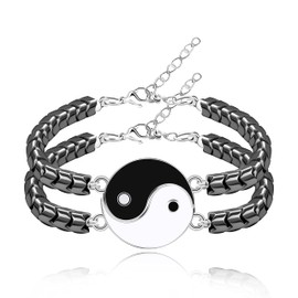 Yin Yang Bracelets Set for Couples - His and Hers Black Hematite Beads Bracelets for Men Women with Extended Stainless Steel Chain, Matching Puzzle Bracelets for Boyfriend Girlfriend Best Friends Y2101