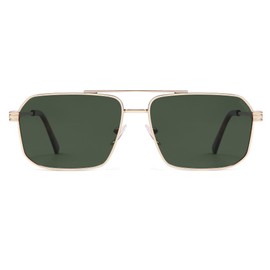 SOJOS Retro Polarized Square Sunglasses Womens Men Vintage Double Bridge Metal Frame UV Protection Sun Glasses SJ1246, Gold Frame/Dark Green Lens