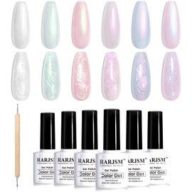 RARJSM Pearl Gel Nail Polish Set Clear Shell Glitter Gel Polish 6 Colors Pearlescent Pink White Blue Purple Silver Gold Shimmer Mermaid Swirl Thread Effect Soak Off Curing Requires Home Salon