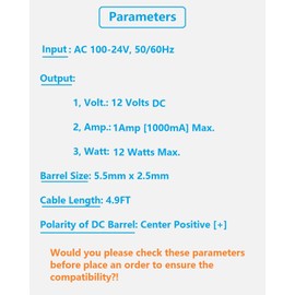 DC Power Supply Adapter 12V 1A Cord Replacement 12W AC Adapter 100-240V AC to DC 12V 1A Power Cord, 5.5mm x 2.5mm Barrel Plug